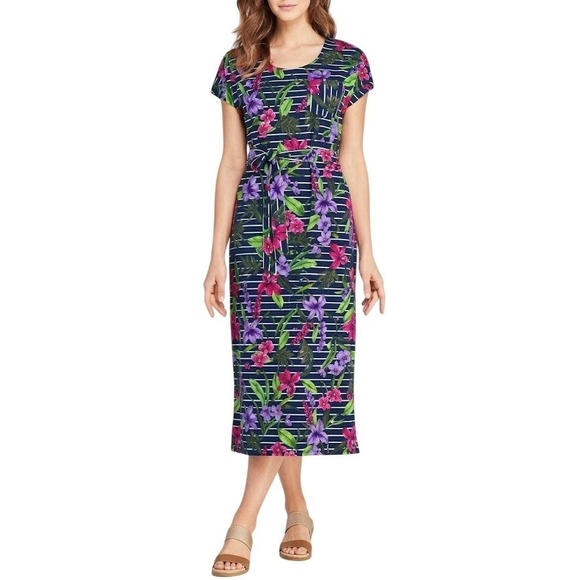 Lands' End Dresses & Skirts - Lands End Floral Stripe T Shirt Dress Womens XL Navy Tropical Belted Modest